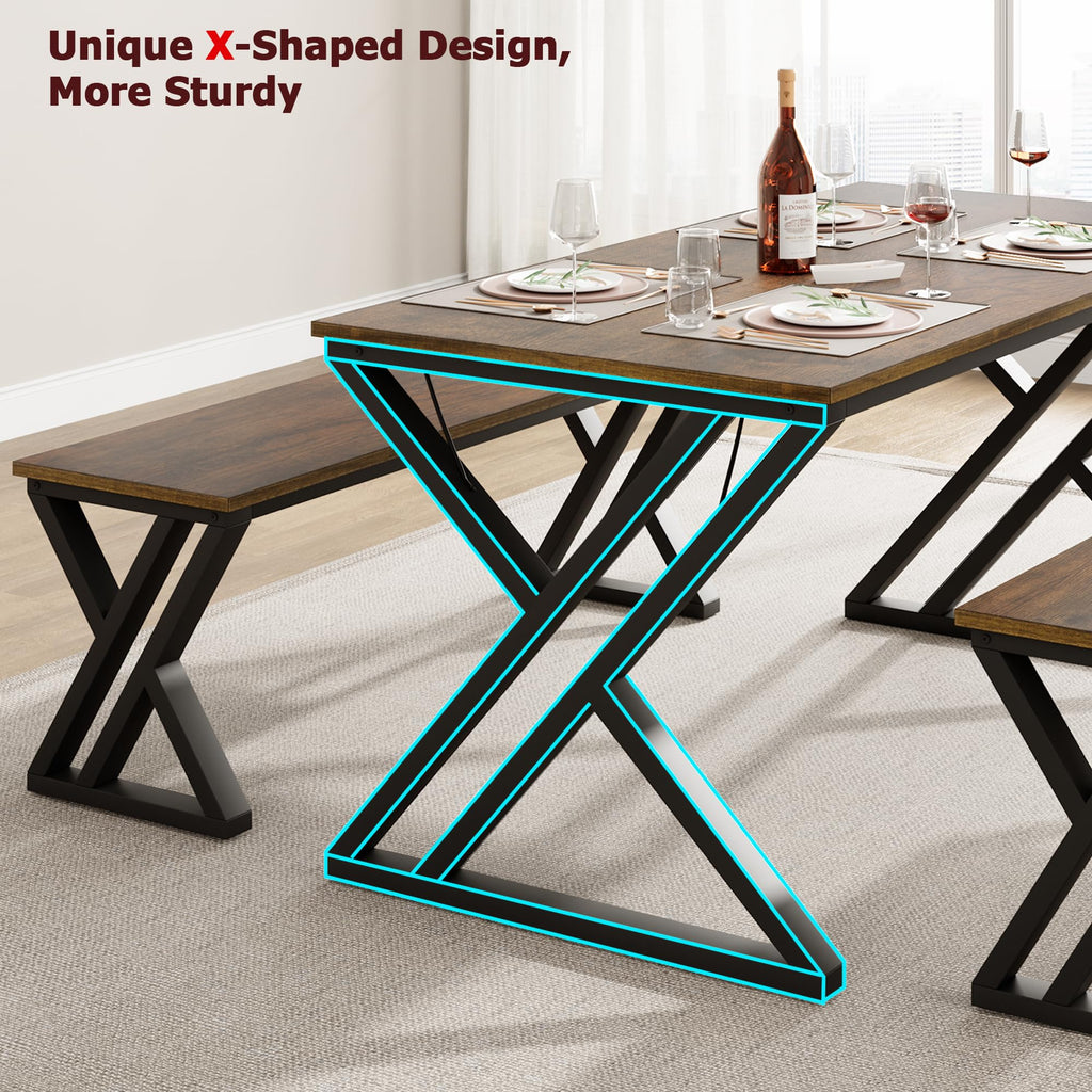 Dining Table Bench Set for 4, Kitchen Table Set with 2 Benches, Rectangular Dining Room Table Set with Sturdy Metal