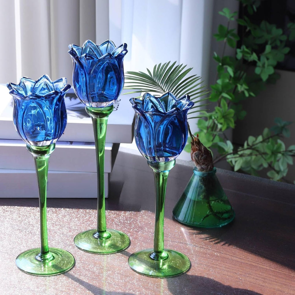 Blue Flower Tealight Candle Holder Set of 3 with Different Heights, Lovely Tulips Tea Light Candle Holder Glass Table