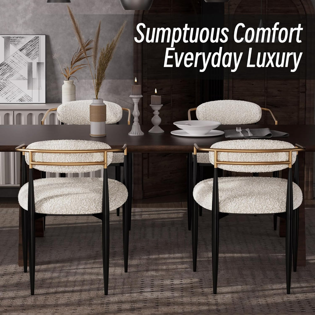 Morden Fort Modern Dining Chairs Set of 2, Upholstered Boucle Dining Chairs with Gold Arms and Black Metal Legs