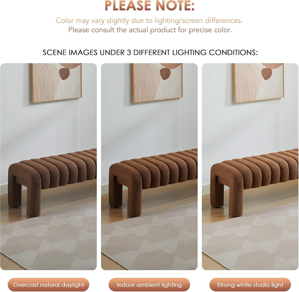 63" Upholstered Boucle Bench, Rust Brown | Padded King Size Long Ottoman, Sherpa Window Seat, Bedroom, Living Room