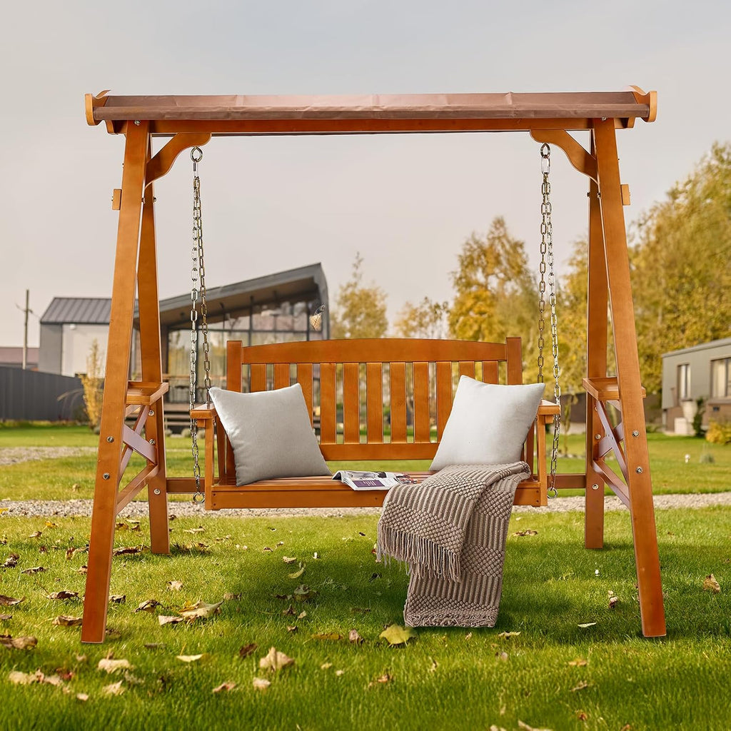 Porch Swing with Stand and Canopy, Waterproof Patio Swing, Brown | Waterproof Canopy; Sturdy Swing Stand; Built-in