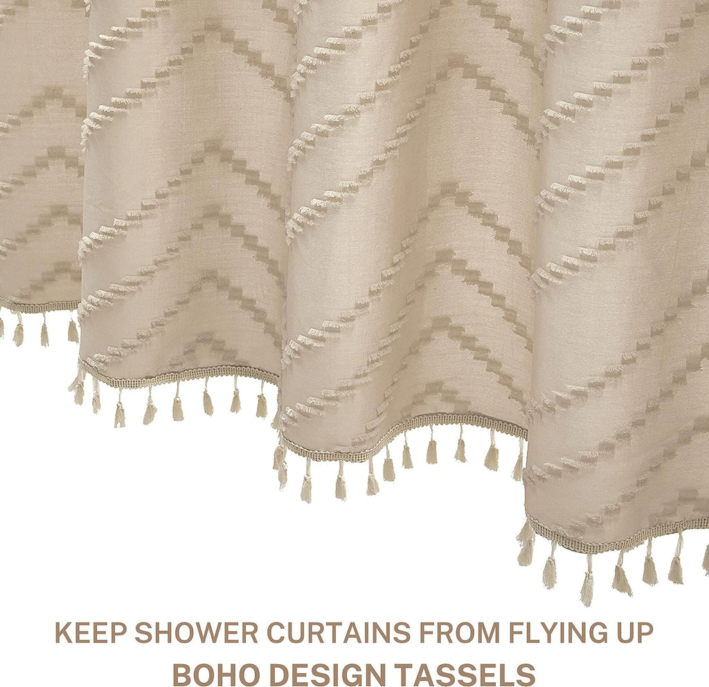 Boho Farmhouse Shower Curtain Woven Fabric Cute Beige Shower Curtain, 72 x 72 Tufted Chevron Textured Striped Modern