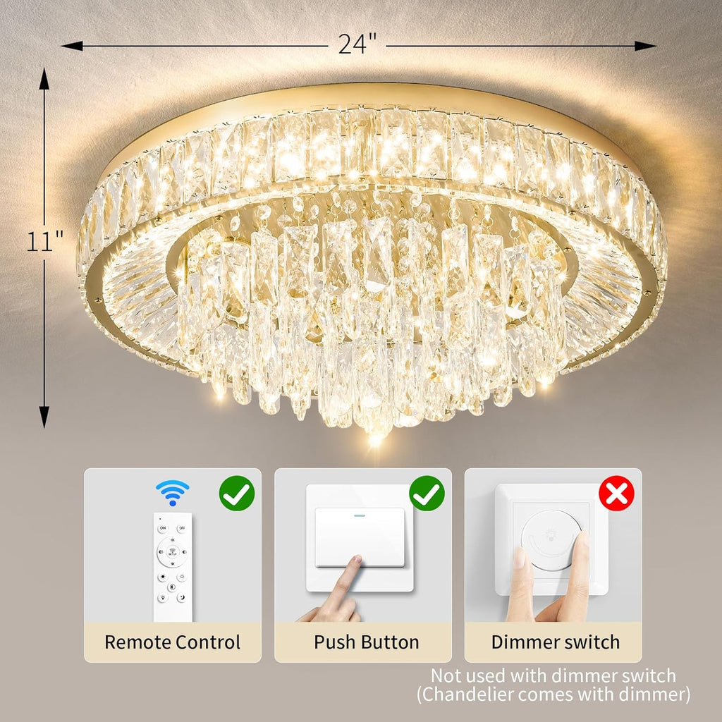 Modern LED Gold Crystal Chandelier: Flush Mount Crystals Ceiling Light With Remote - 24" Round Crystal Chandeliers
