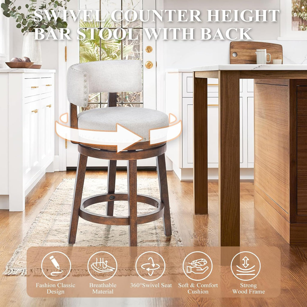 Swivel Bar Stool Set of 2, Modern Swivel Barstool with Back, Counter Height Bar Stools, 25 Inch Upholstered Wood