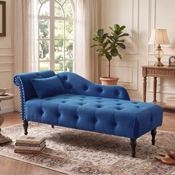 60.6" Buttons Tufted Chaise Lounge with Nailhead Trimmed Rolled Arm, Blue