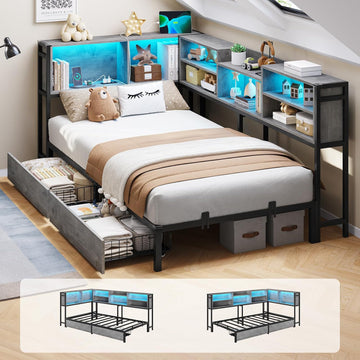 Corner Twin Bed Frame with Bookcase Storage Headboard and Led Lights,Twin Size Metal Platform Corner Bed Frames with