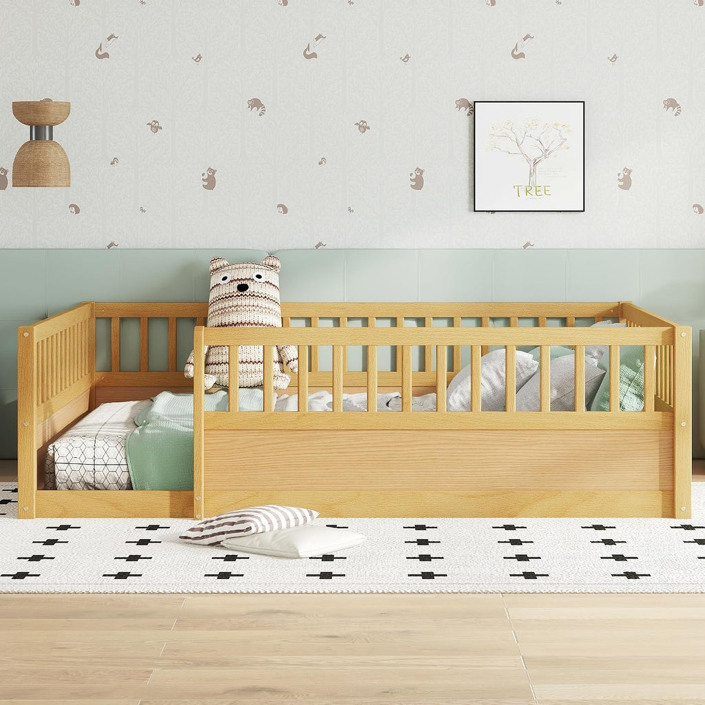 Full Size Kids Montessori Floor Bed Frame with High Fence,Natural | Solid Wood,Full Surround Safety Guardrails,Slat