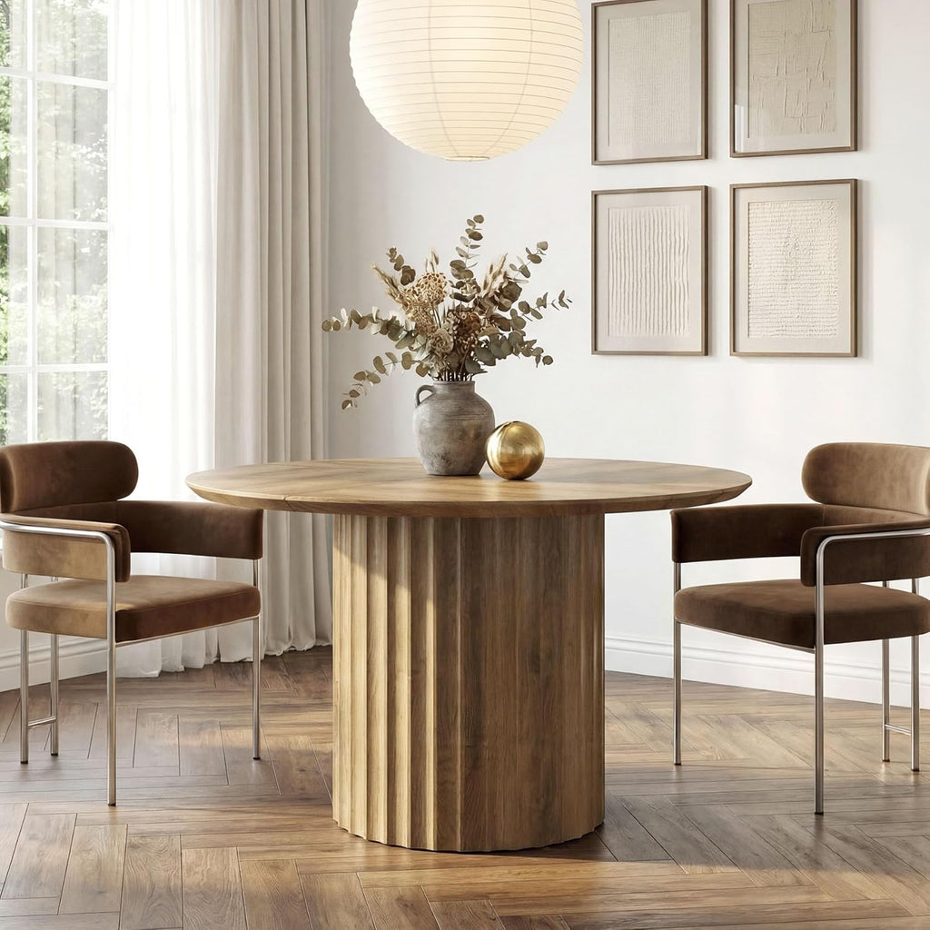 47-Inch Round Dining Table for 4-6, Modern Kitchen Table with Fluted Pedestal Base, Farmhouse Wood Dinner Furniture