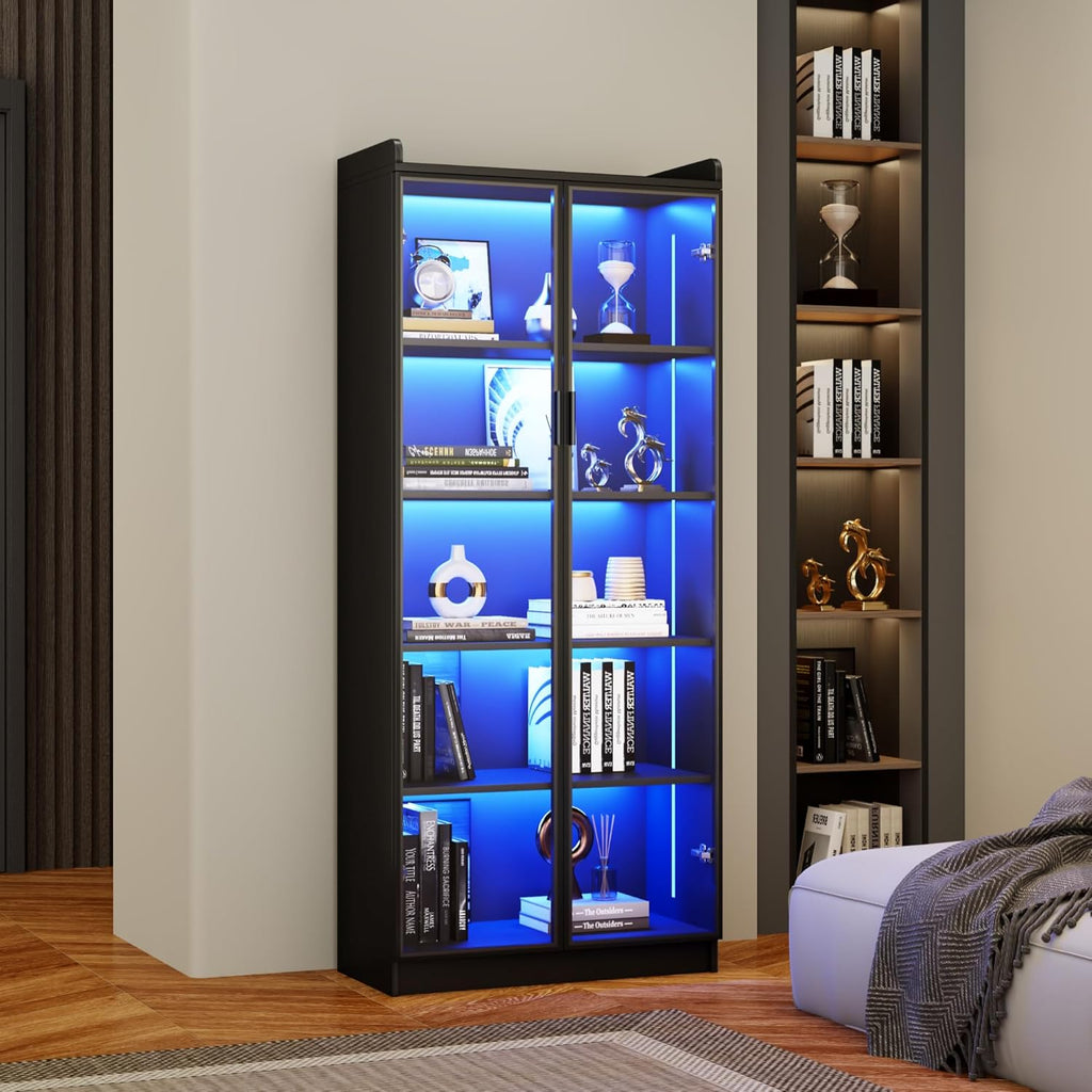 Display Cabinet with Doors and Adjustable Shelves, 65" Tall Bookcase with LED Lights/Human Sensor