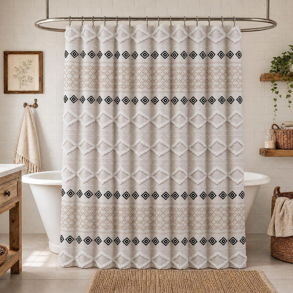 Boho Fabric Shower Curtain Set with 12 Metal Hooks, Modern Minimalist Geometric 3D Striped Textile Pattern Bathroom