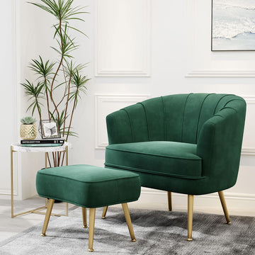Velvet Accent Chair with Ottoman, Upholstered Modern Single Sofa Side Chair,Comfy Barrel Club Living Room Armchair