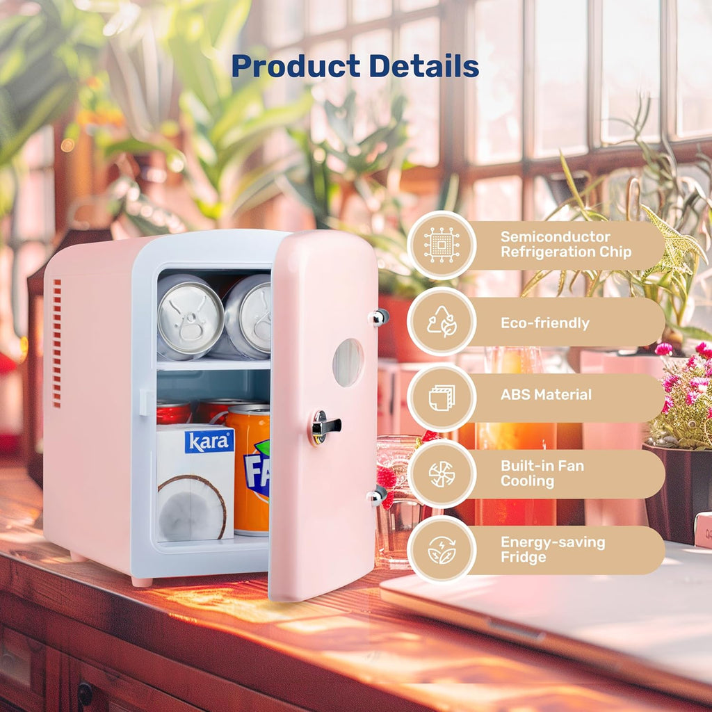 Mini Fridge with Observation Window 4-Liter Six 12 oz Cans Portable Warmer & Cooler Compact Refrigerator, 100% Eco