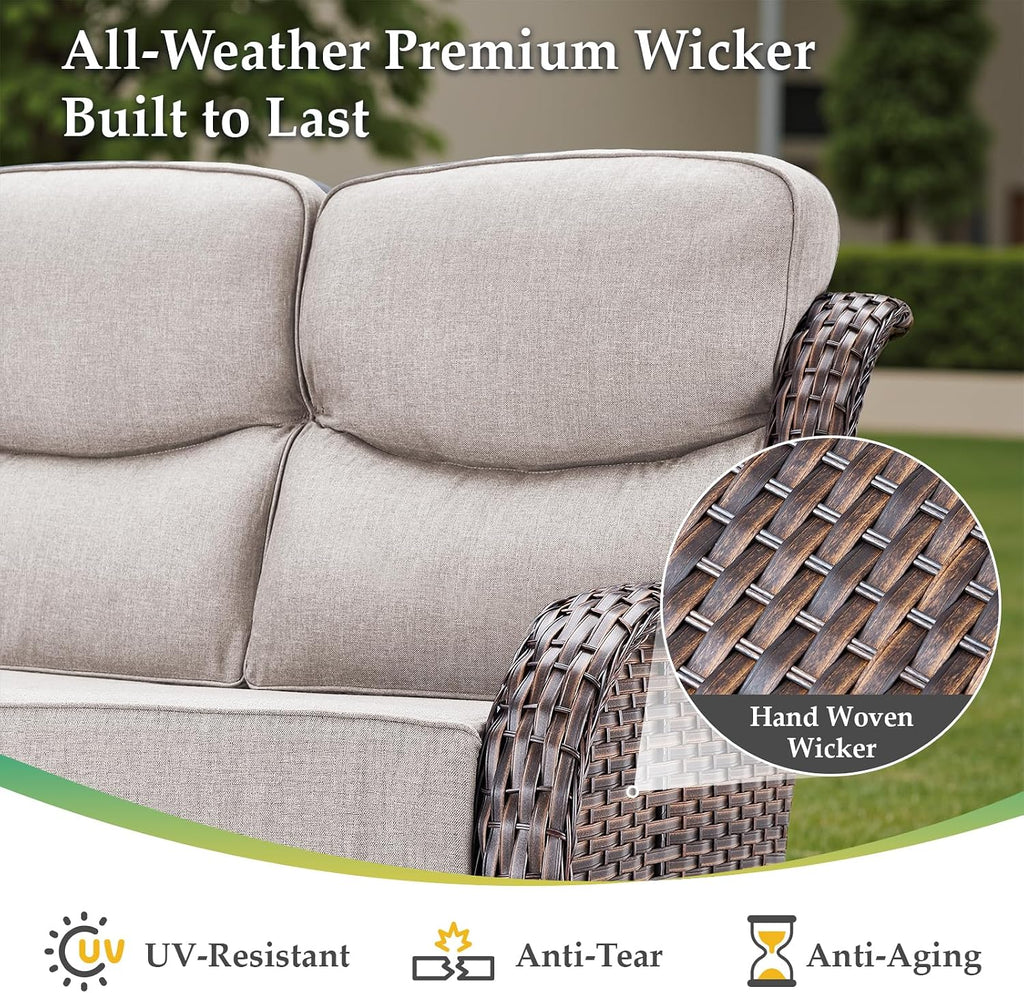Luxury Outdoor Patio Furniture Set-Wicker High Backrest 3-Seat Patio Sofa with Comfy 6" Cushion, Rattan Couch with