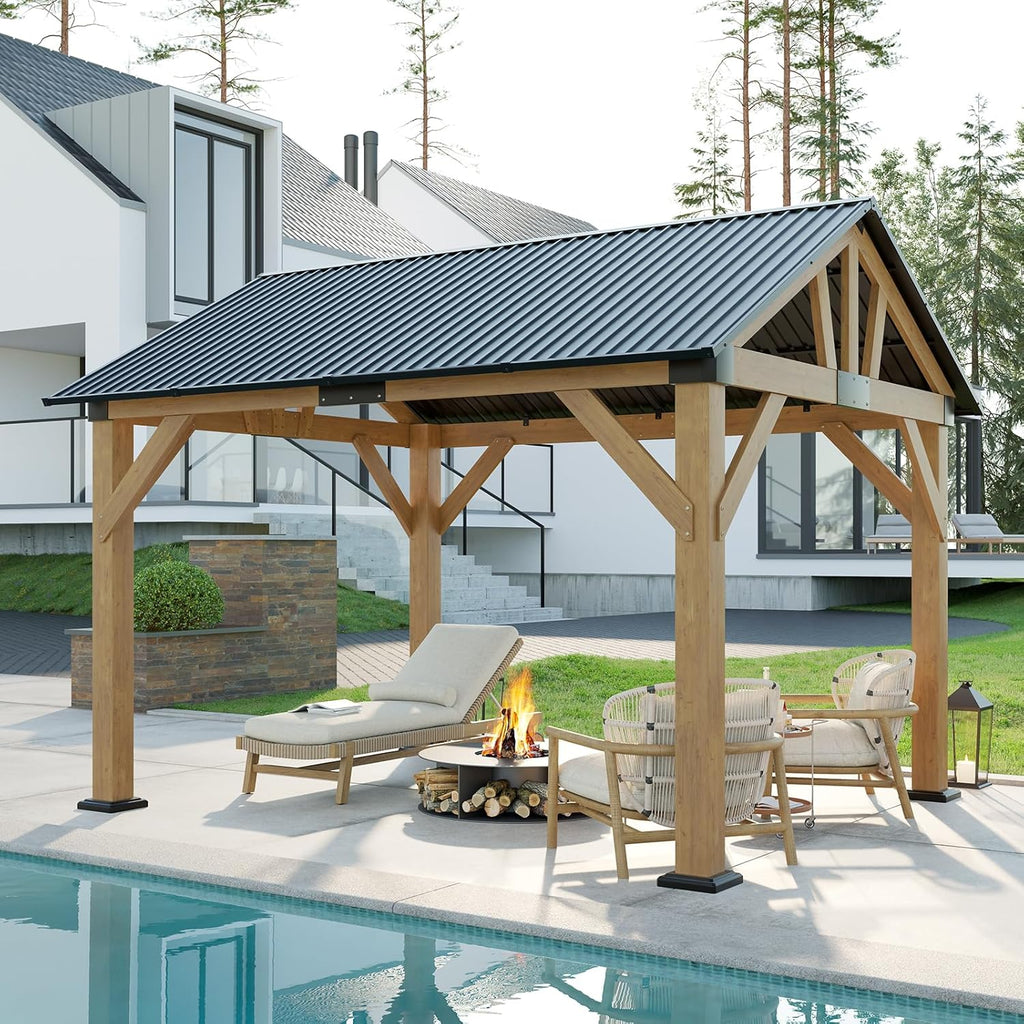 10x12 ft Spruce Wood Gazebo, Hardtop Pergola with Metal Steel Roof, Outdoor Gazebo with Guest House for Garden, Porch, Patio, Black + Natural Wood