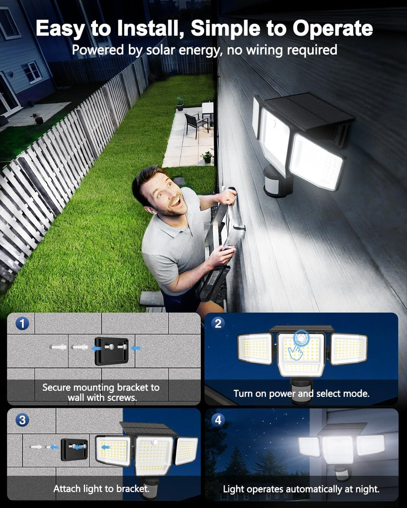 6000LM Solar Lights Outdoor, 4 Heads Motion Sensor Outdoor Lights, Solar Flood Lights for Yard House Outside Garage