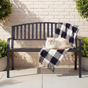 50" Outdoor Garden Bench, Iron Metal Frame Patio Bench with Backrest and Armrests, Weatherproof Anti-Rust Outdoor