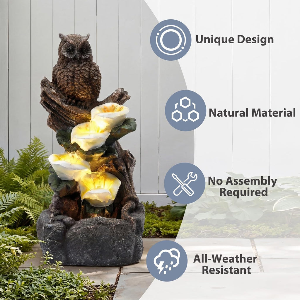 28.3" Tall Outdoor Water Fountain, 5 Tier Cascading Bowls and Stacked Water Fountain with LED Lights Décor, and Deck