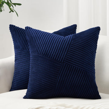 Blue Decorative Throw Pillow Covers 22x22 Set of 2 Blue Boho Farmhouse Fall Home Decor Soft Corduroy Textured Striped