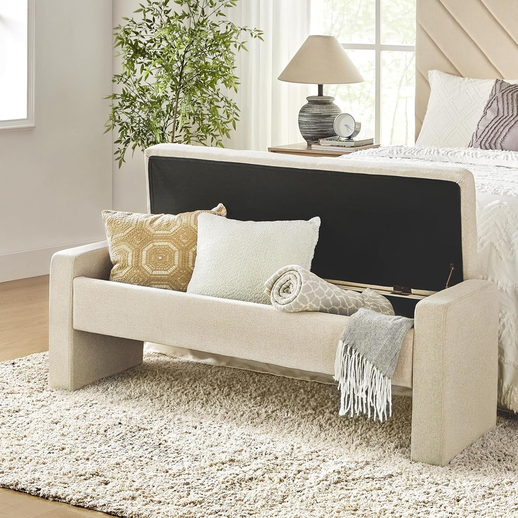 55" Modern Upholstered Storage Bench with Tufted Seat, Fabric Ottoman Bench , or Living Room, Soft Close Hinge,Linen