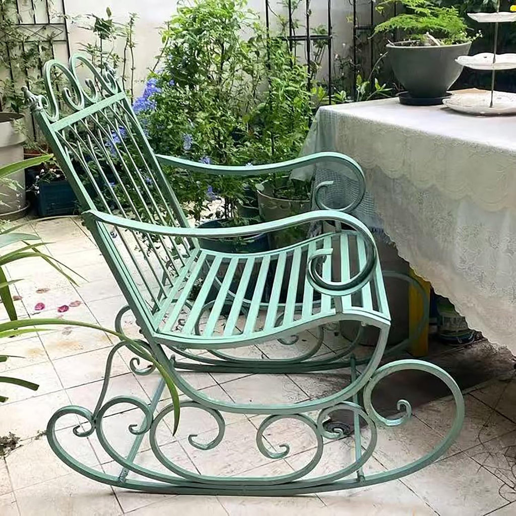 Vintage Wrought Iron Patio Rocking Chair, Ironwork Single and Double Outdoor Garden Benches, Durable Metal Porch