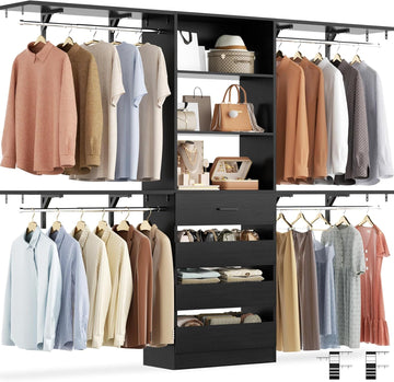 Closet System, 8FT Closet Organizer with 4 Wooden Drawers, Wood Closet Organizer System with Tower, Walk-in Closet