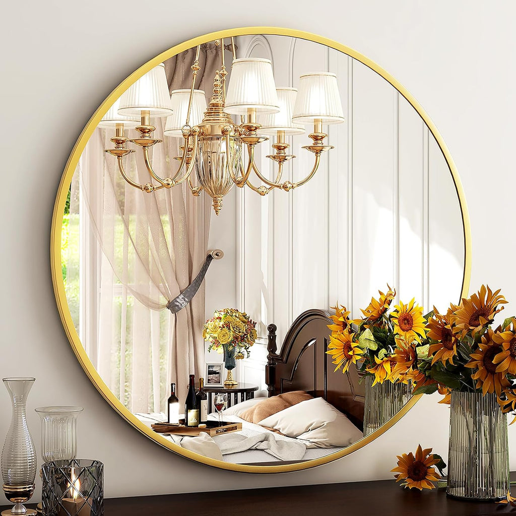 Round Mirror 30 Gold Wall Mounted Circle Mirrors Vanity Mirror with Brushed Aluminum Alloy Frame Modern Decoration
