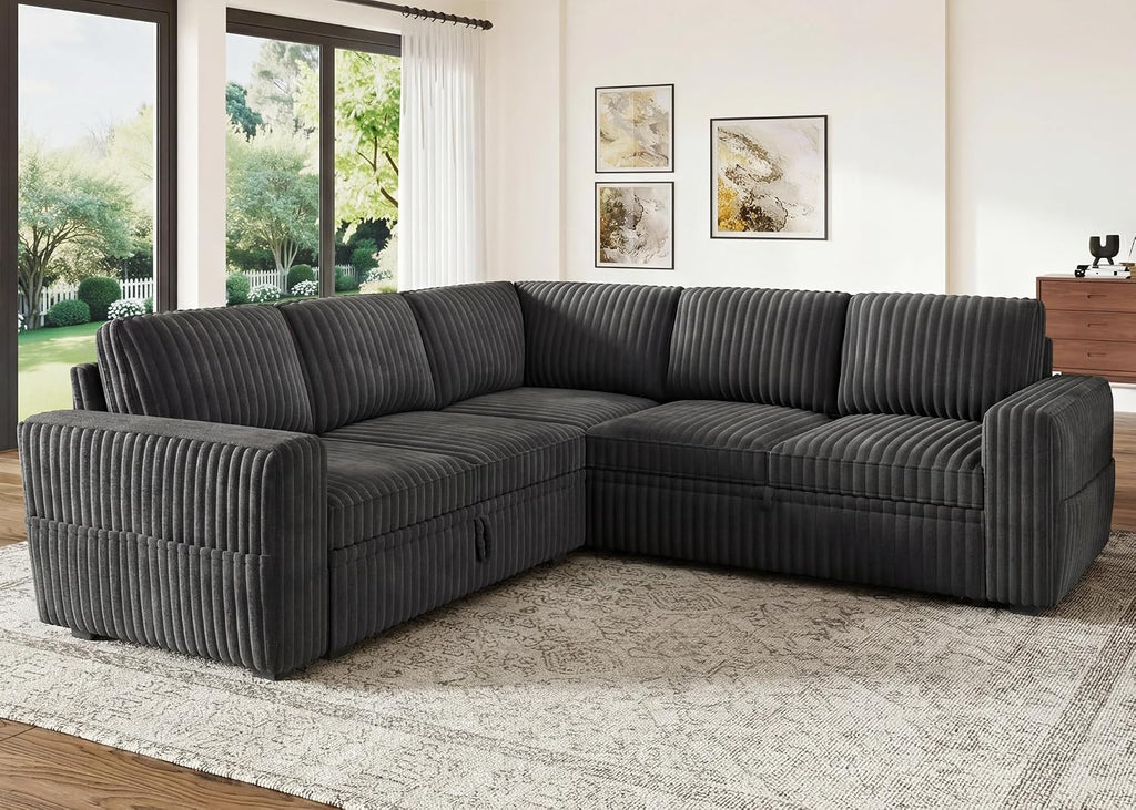 Modular Sectional Sleeper Sofa with Pull Out Bed,Corduroy L Shaped Couch with Storage, Sectional Couches ,Dark Grey