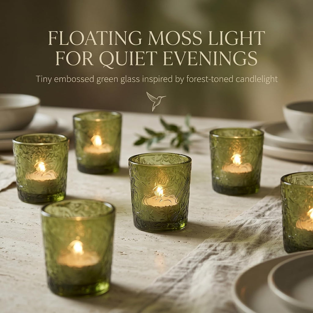 Moss Green Hummingbird Glass Tealight Holders, 12 Pack