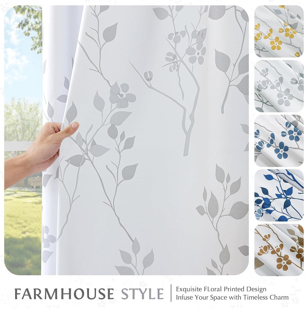 Floral 100% Blackout Curtains 2 Panels for Bedroom Living Room Grey White Flower Patterned Room