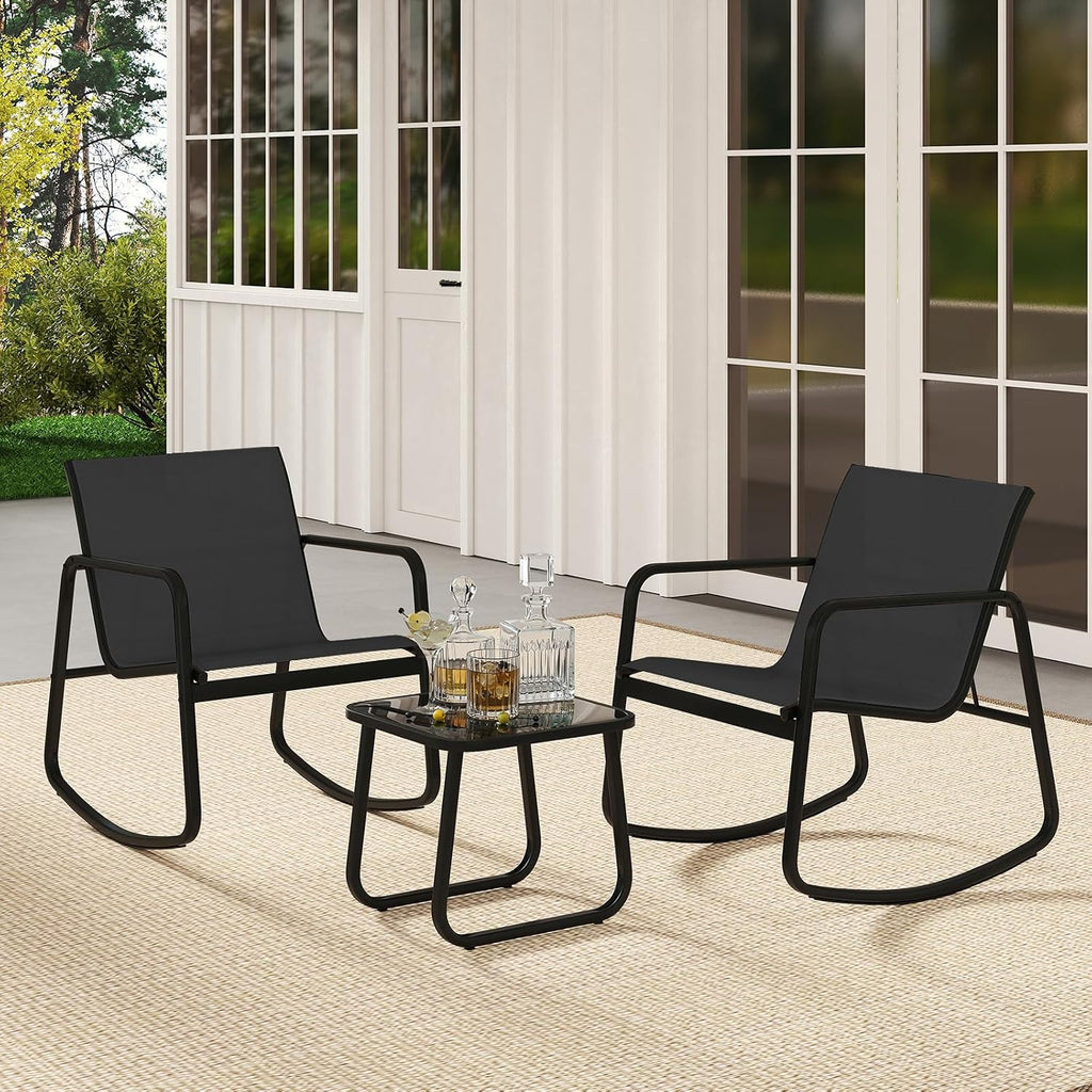 3 Piece Rocking Bistro Set, Patio Furniture Set with 2 Rocking Chairs & Glass-Top Coffee Table, Outdoor Rocker Chair