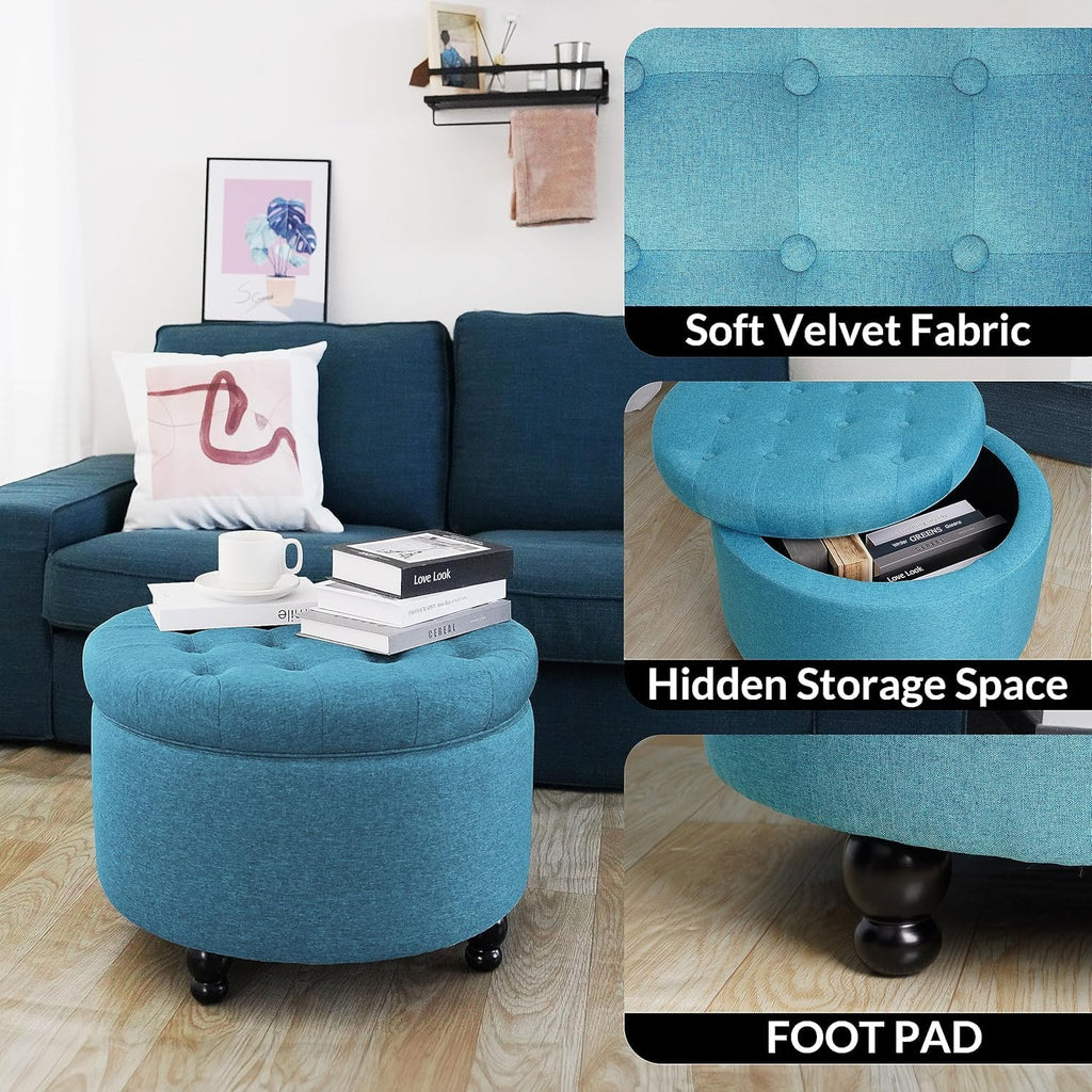 Large Button Tufted Accent Round Storage Ottoman Upholstered Ottoman with Storage, 24.4" x 24.4" x 16.9", Blue