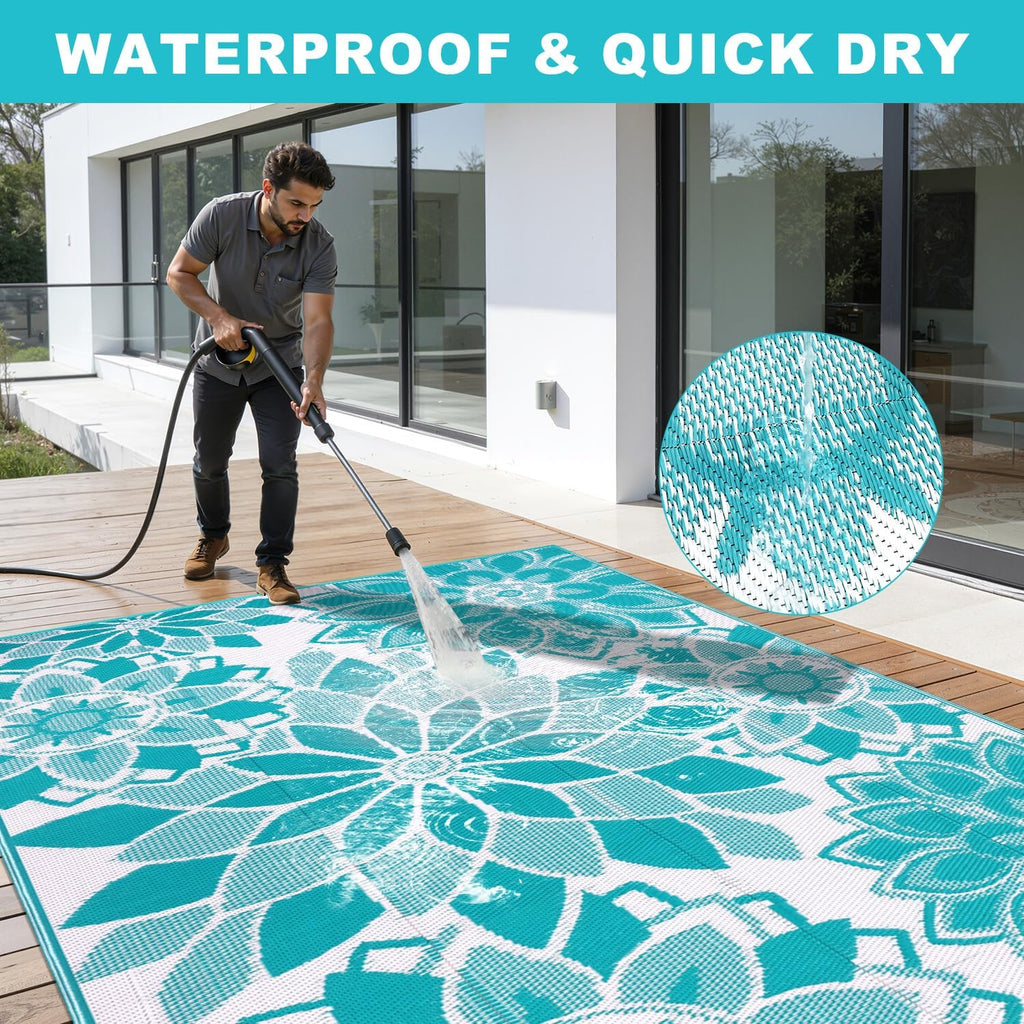Outdoor Rug for Patio 9x12 ft Reversible Plastic Straw Patio Camping Rug, Floral Waterproof RV Mat f