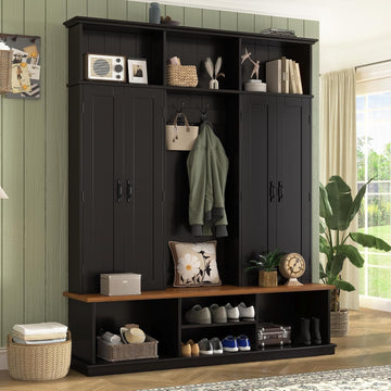 62.2''W Entryway Hall Tree with Bench, 3 Top Cubbies & Bottom Storage Space, Farmhouse Coat Rack with Hooks &