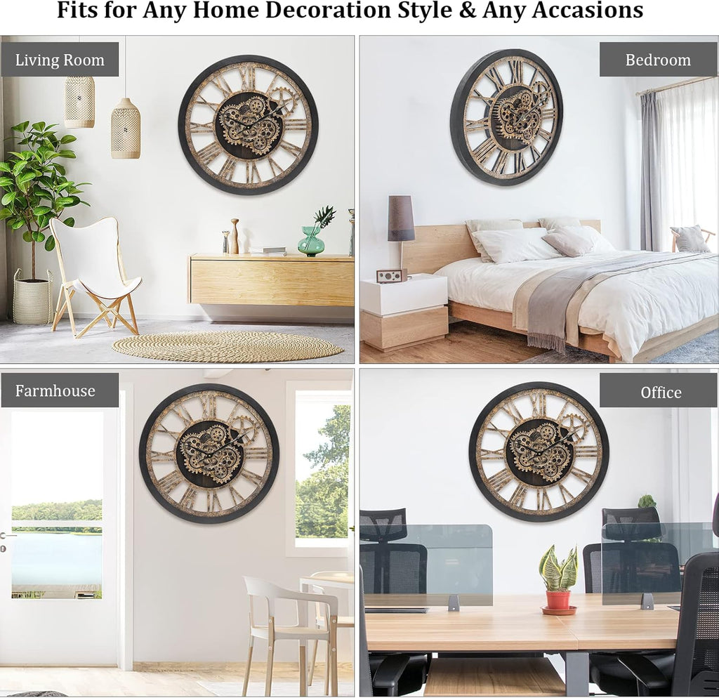 Wall Clock for Living Room Decor, Large, 24 in (60cm), Moving Gear, Farmhouse Vintage Industrial Oversized Wall Clock