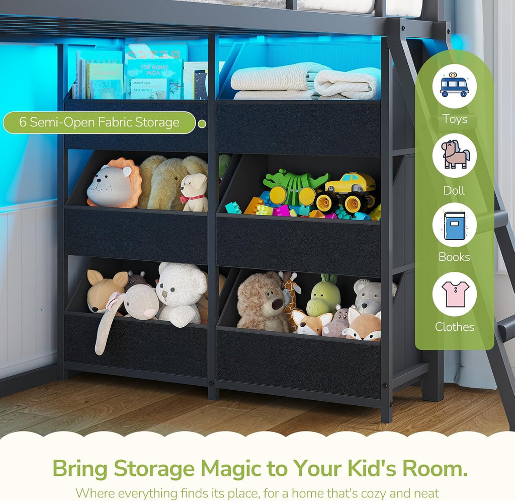 Low Bunk Bed Twin Over Twin with Toy Storage Organizer-6 Removable Bins, Floor Bunk Beds with LED Lights