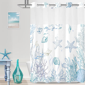 No Hook Shower Curtain and Liner Set , Blue Beach Coastal 71x74 | Nautical Ocean Design, with Snap in Liner