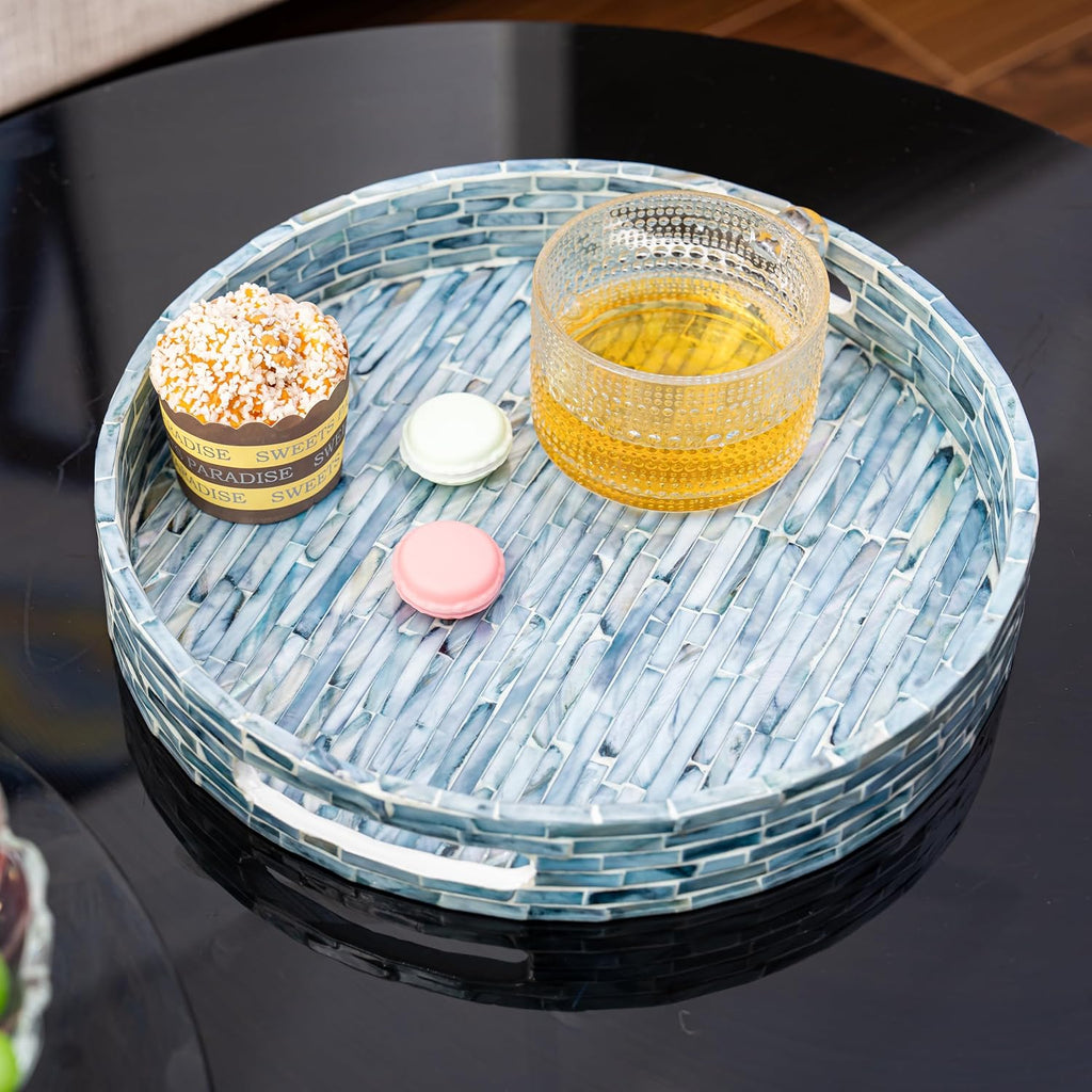 12.6" Mother of Pearls Lacquer Inlaid Round Serving Tray with Handles, Round Decorative Nacred Wooden Ottoman Coffee