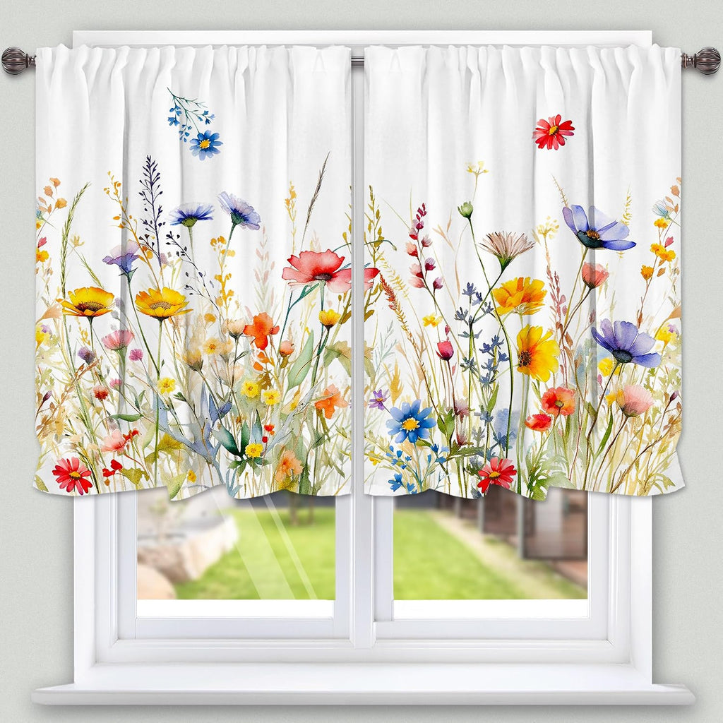 3 Piece Spring Kitchen Curtains and Valances Set for Window | Summer Floral Cafe Curtain 36 Inch Length Black & White
