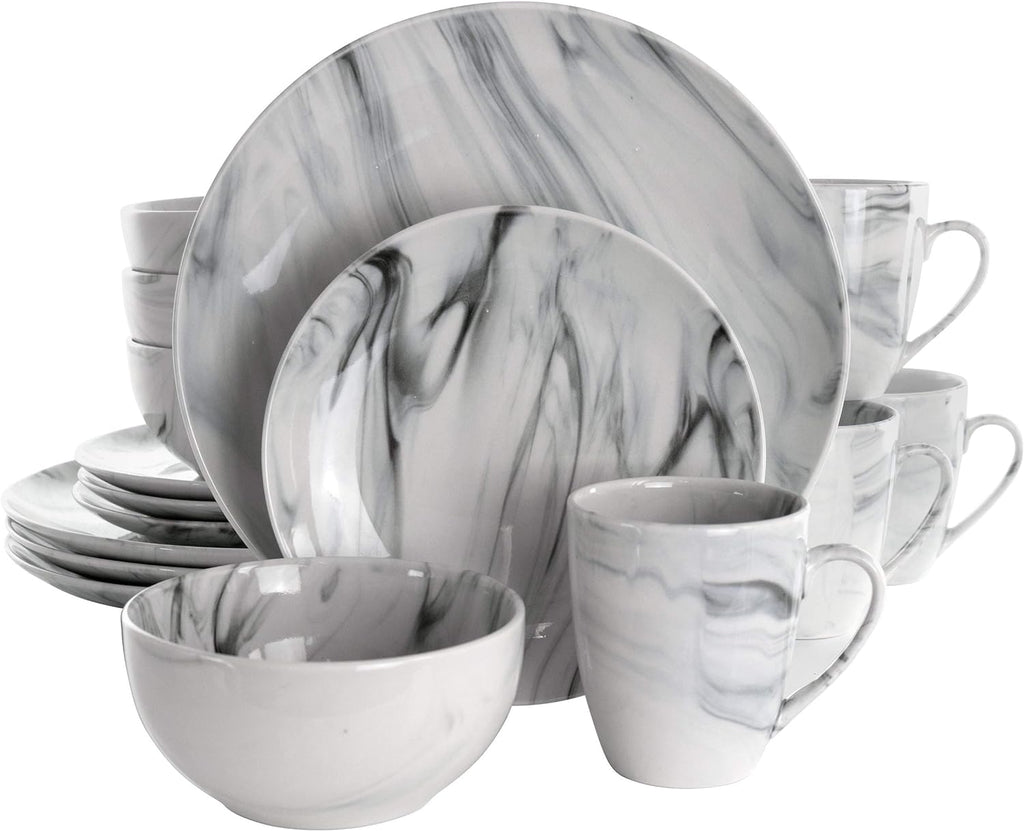 Fine Marble 16 Piece Stoneware Dinnerware Set in Black and White