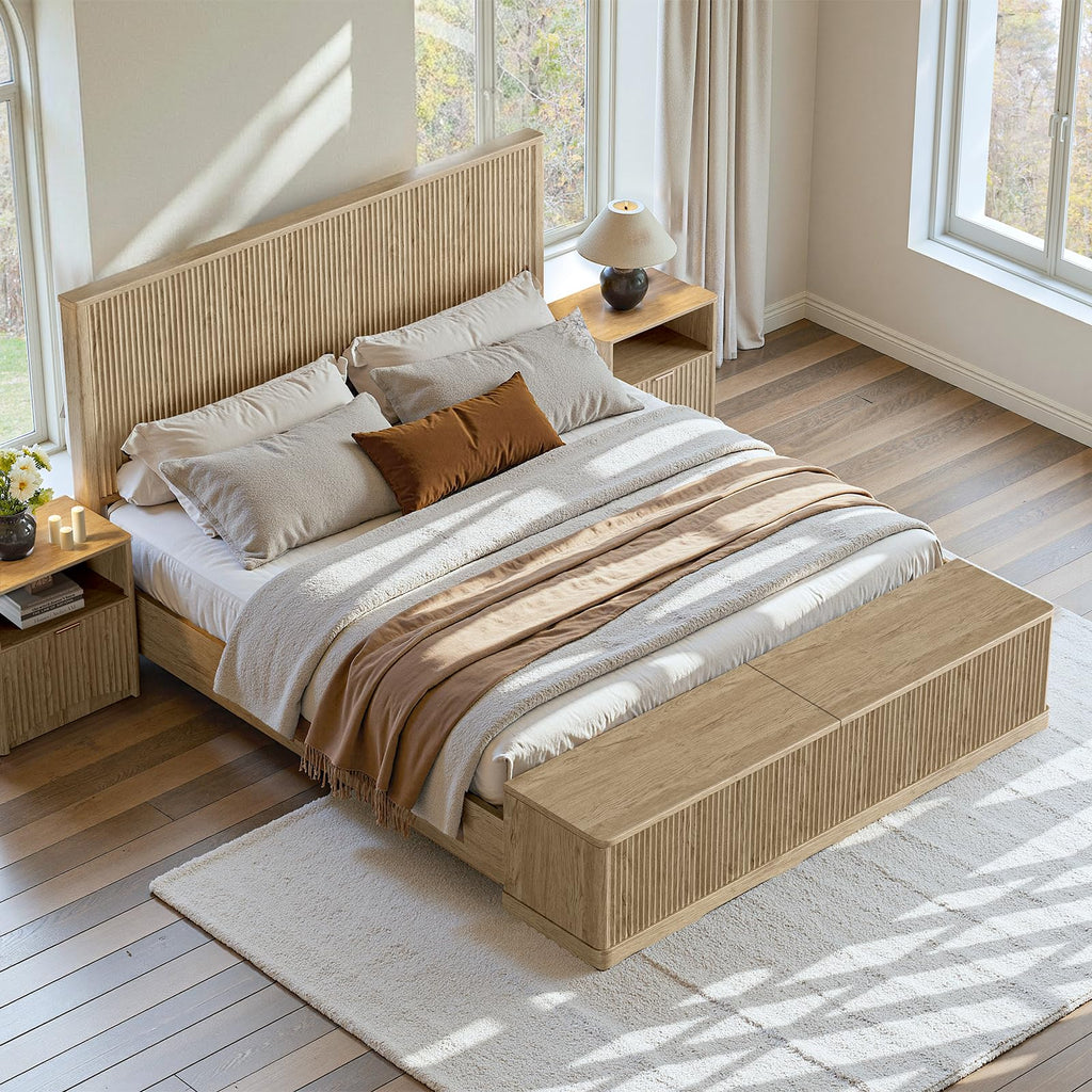 Fluted Oak King Bed Frame with 51'' Headboard & Storage Bench