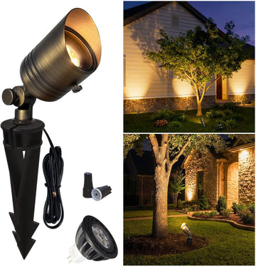Brass Outdoor Spotlights,12V LED Low Voltage Landscape Lighting with 5W 2700K Aluminum MR16 Bulb, IP65 Waterproof