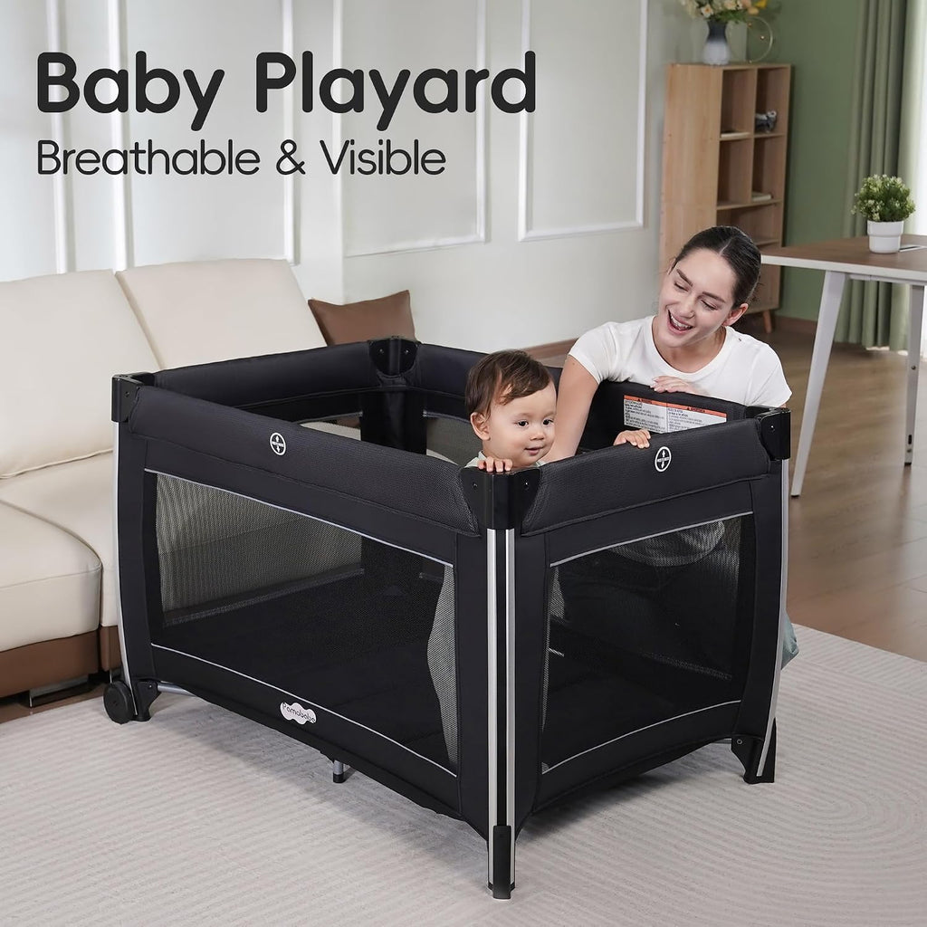 4 in 1 Baby Playards with Bassinet & Changing Table, Portable Crib Breathable Mesh and Toy Mobile