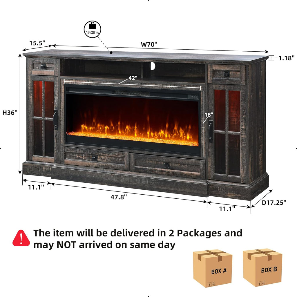 Fireplace TV Stand for 80 Inch TV, Farmhouse Entertainment Center with 42" Fireplace & LED Lights, Modern Media Console Table with Storage Drawers & Cabinets for Living Room, Dark Rustic Oak