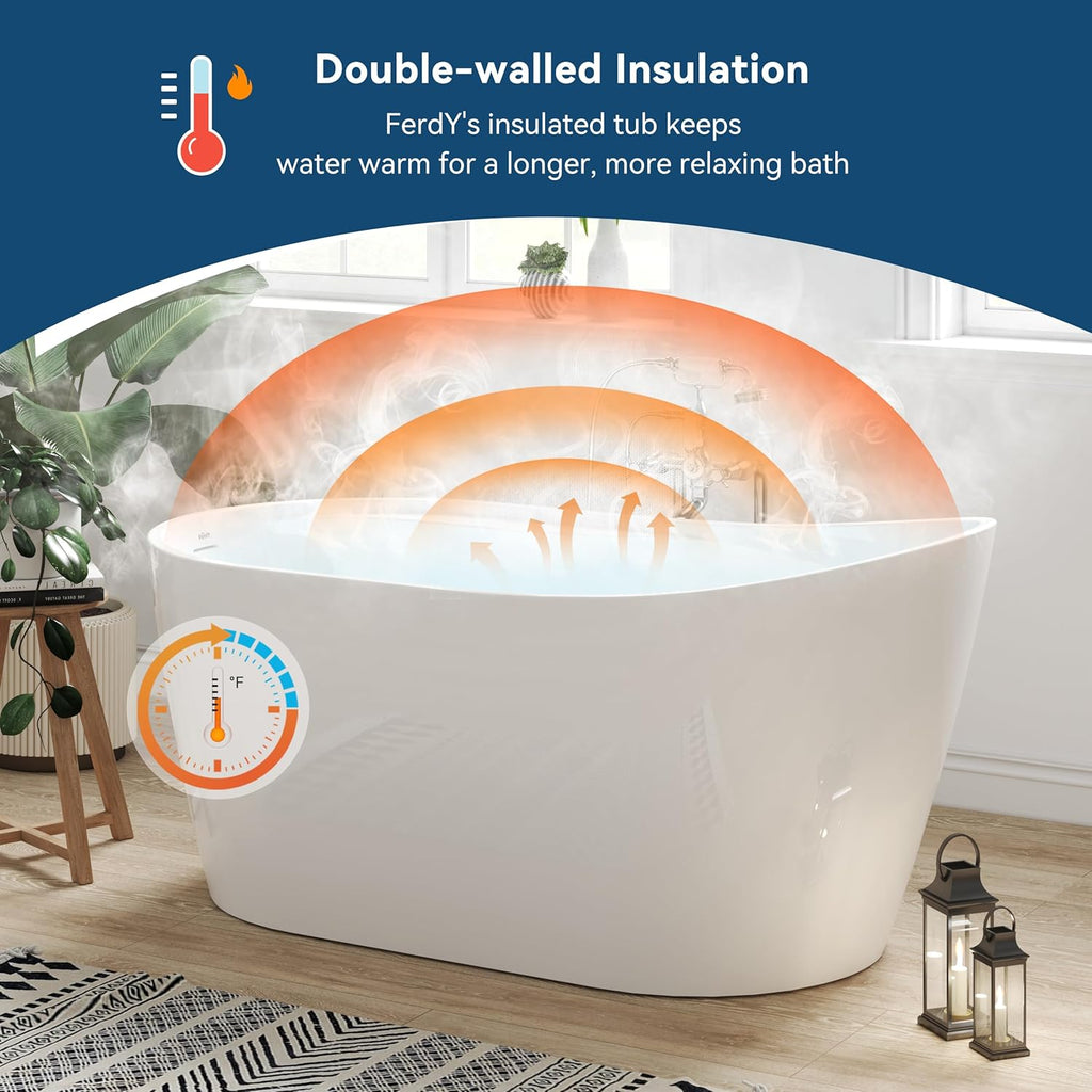 Lana'i 60" Freestanding Bathtub, Gracefully Shaped Freestanding Soaking tub, Glossy White, cUPC Certified, Brushed
