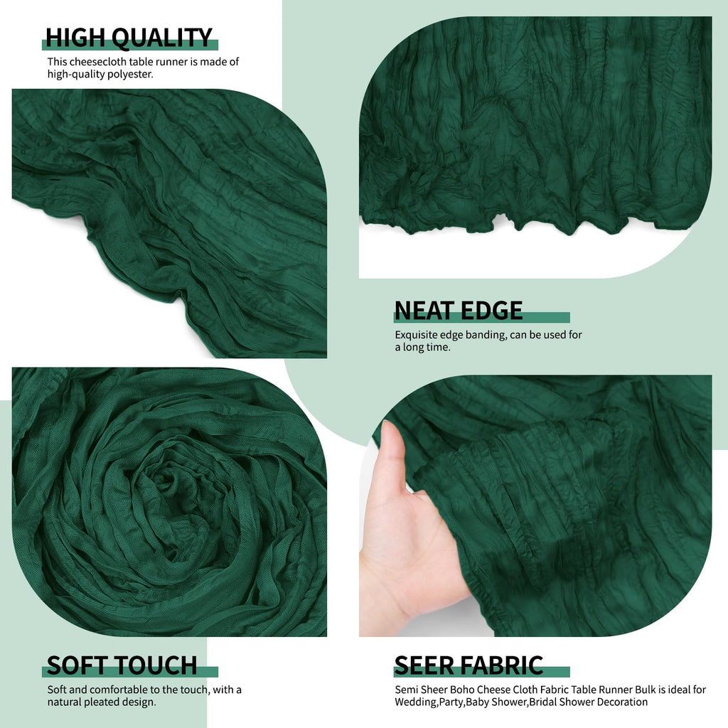 4 Pack Pack Dark Green Cheesecloth Table Runner 10Ft, Christmas Table Runner 21.5 X 120 inch, Semi Sheer Cheese Cloth