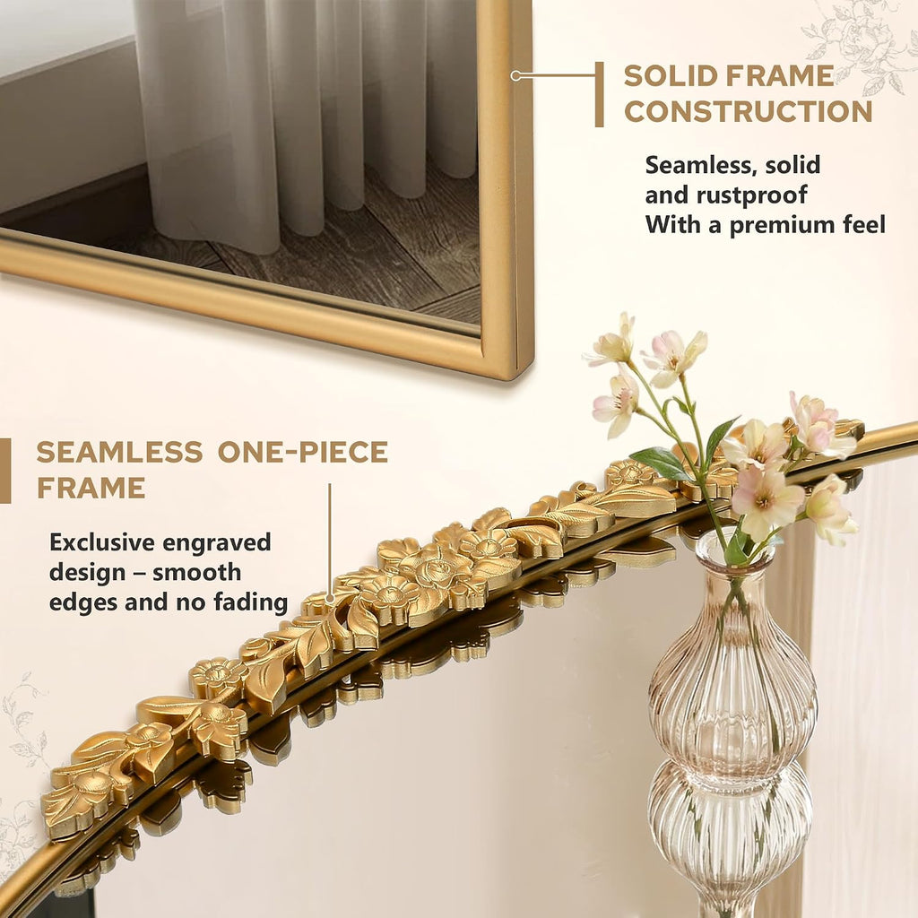 Vintage Gold Arched Mirror: 32"x24" French Baroque Antique Mirror, Traditional Ornate Decorative for