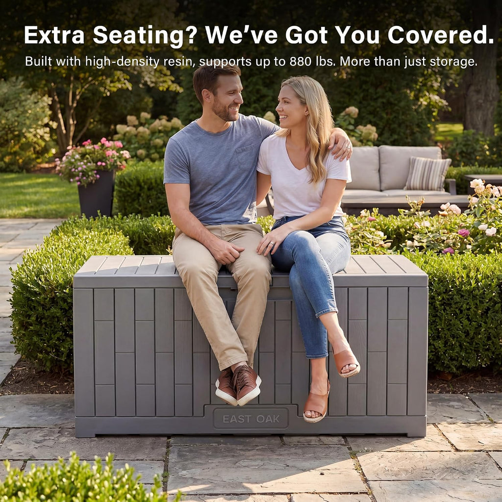 Outdoor Storage Box, 100 Gallon Deck Box, Waterproof Resin Storage Bench Cushions, Gardening Tools, Pool Toys
