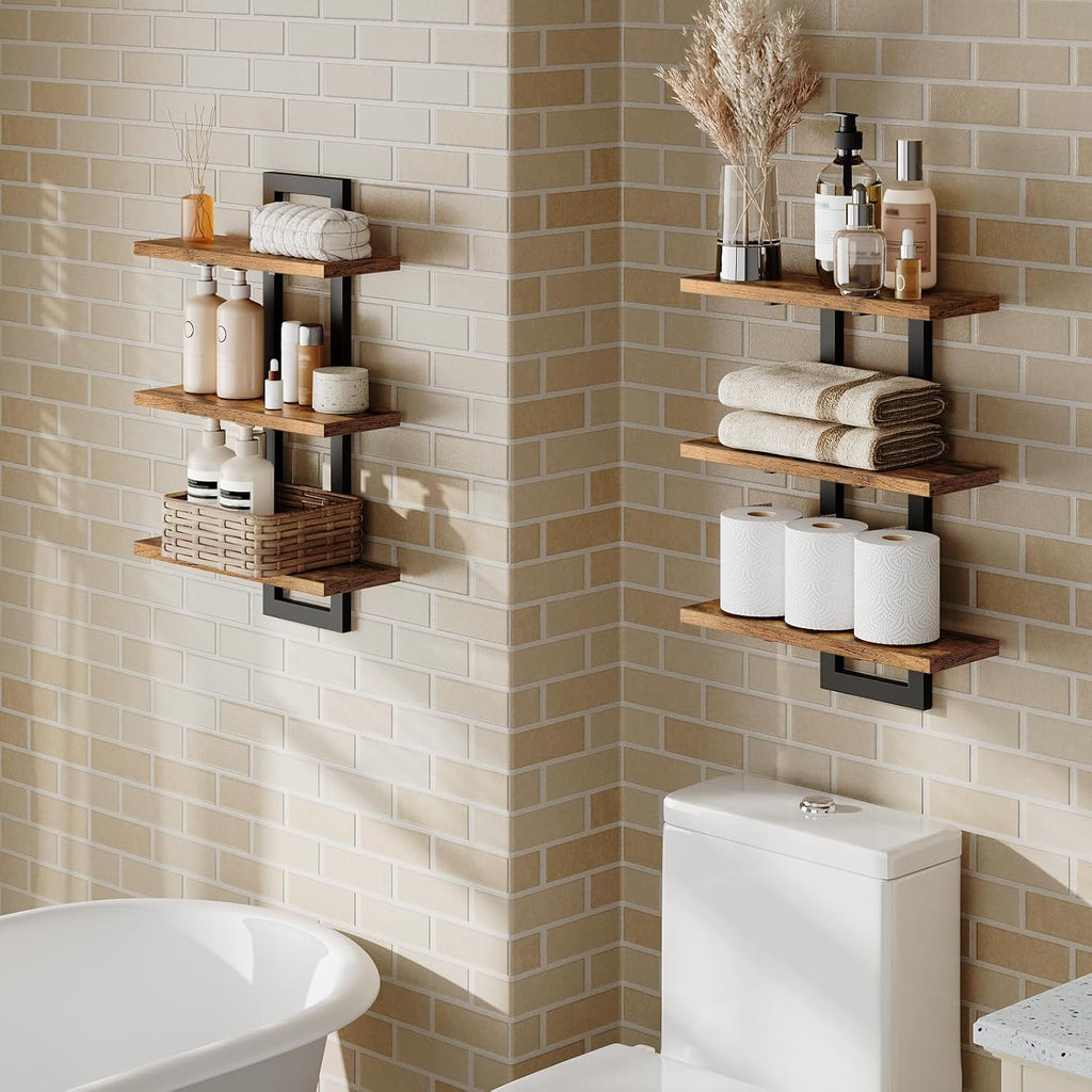 Floating Shelves, Set of 2 Wall Shelves, 3-Tier Wall Mounted Storage Shelves, Hanging Bathroom Shelves, Rustic Brown