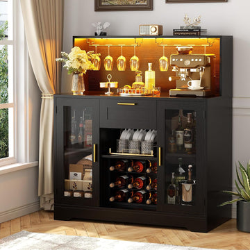 Coffee Bar Cabinet with LED Light and Storage Hutch, Black