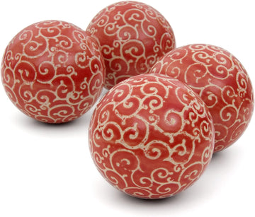 4" Porcelain Ball Set - Set of 4 Decorative Balls, Red and Beige Vines